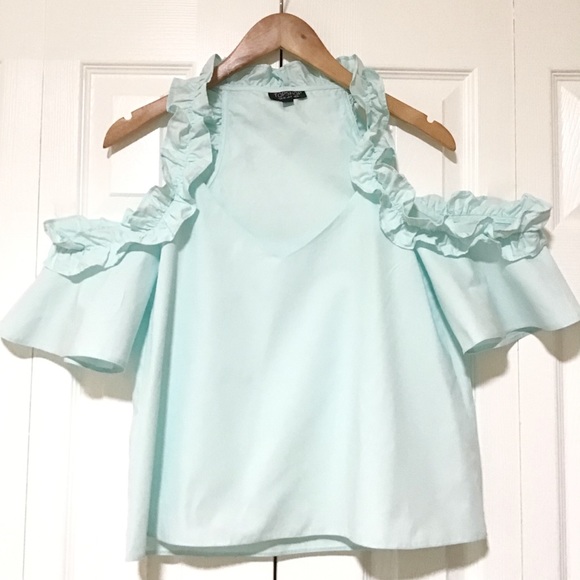 Topshop Tops - TOPSHOP V-NECK COLD SHOULDER FRILLY RUFFLE TRIM COTTON BLOUSE TOP SIZE 4